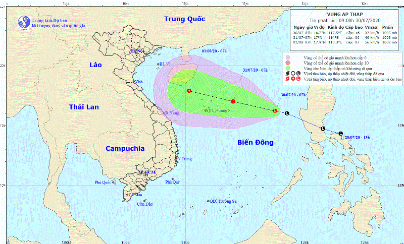 Vùng áp thấp trên biển Đông đang tiếp tục mạnh lên
