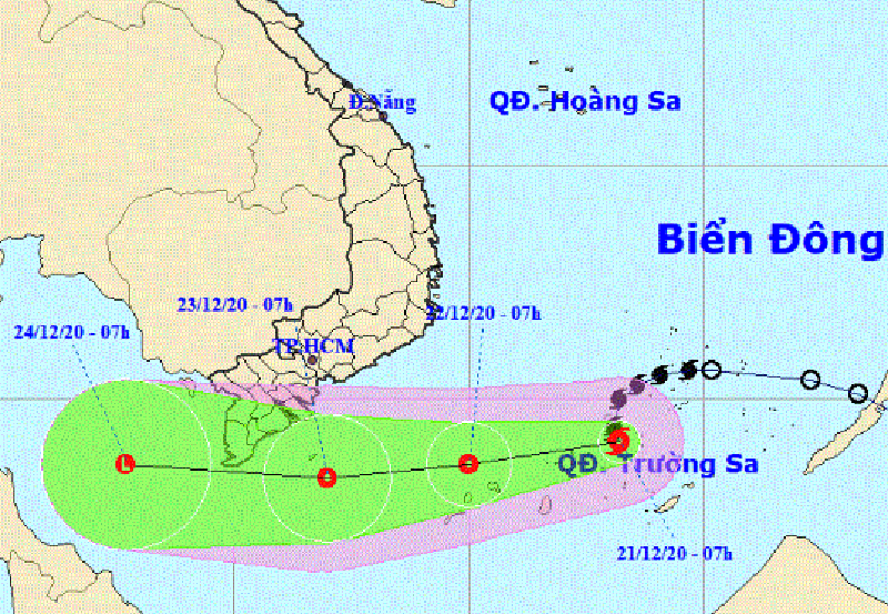 Dự báo vị trí và đường đi của bão số 14. Ảnh: KTTVQG