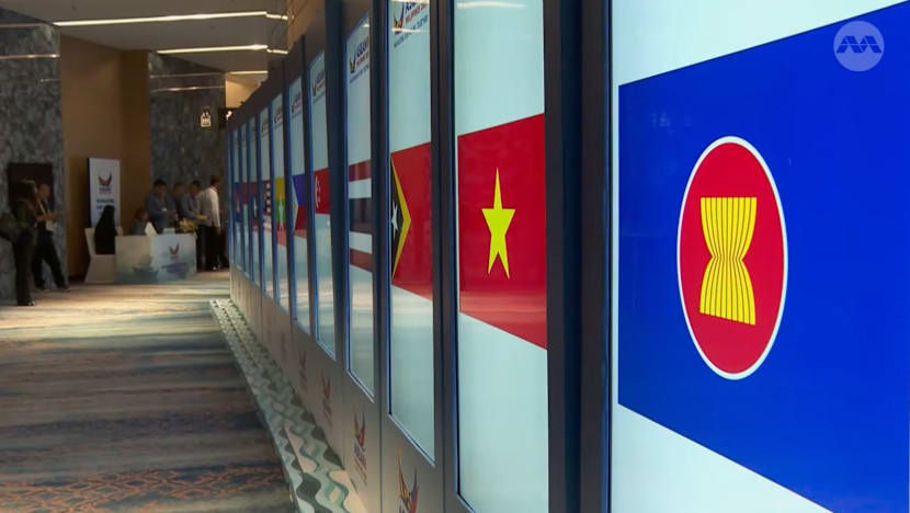 Cờ của Hiệp hội Các quốc gia Đông Nam Á (ASEAN) và quốc kỳ các nước thành viên. Ảnh: CHANNEL NEWS ASIA