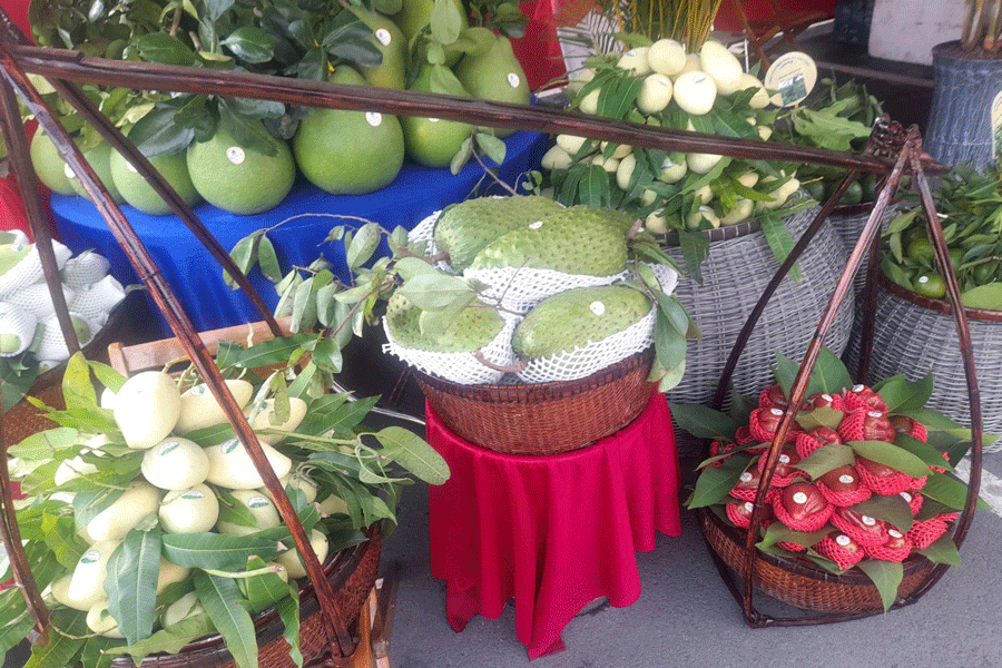 Một số loại trái cây đặc sản của tỉnh Tiền Giang được trưng bày, giới thiệu tại Hội chợ thương mại . Ảnh: Đ.HÀ