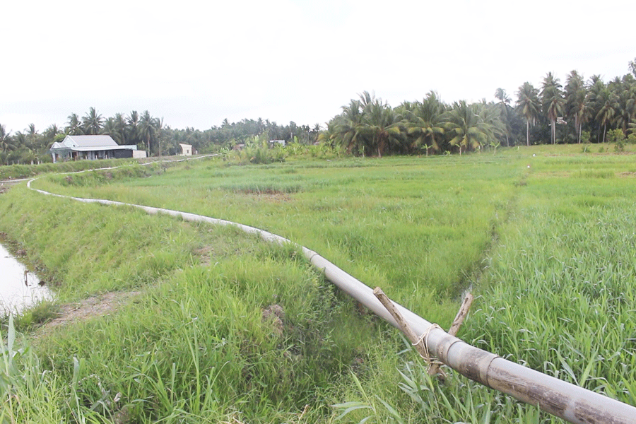 Đường ống dẫn cát được bơm từ sà lan lên dự án cầu Rạch Miễu 2. Ảnh: Đ.HÀ