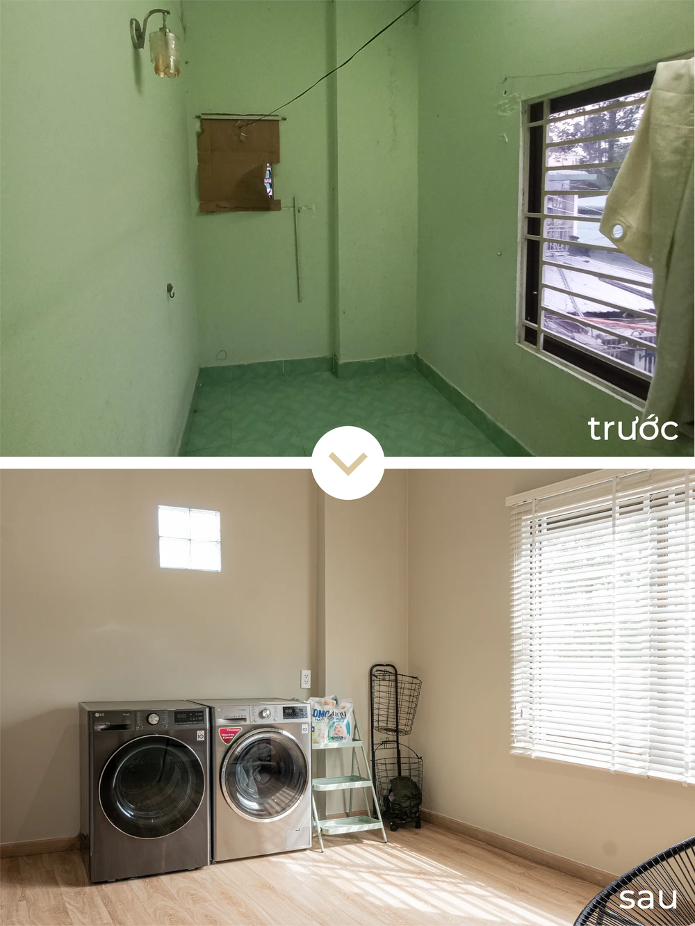 Tường của phòng ngủ nhỏ được đập bỏ để nới rộng không gian, tạo diện tích cho phòng giặt.