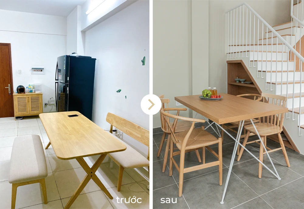 Kiến trúc sư MAKE MY HOME còn sử dụng nội thất tối giản cho công trình từ sofa, bàn đá, bộ bàn ăn đến bàn trang điểm...