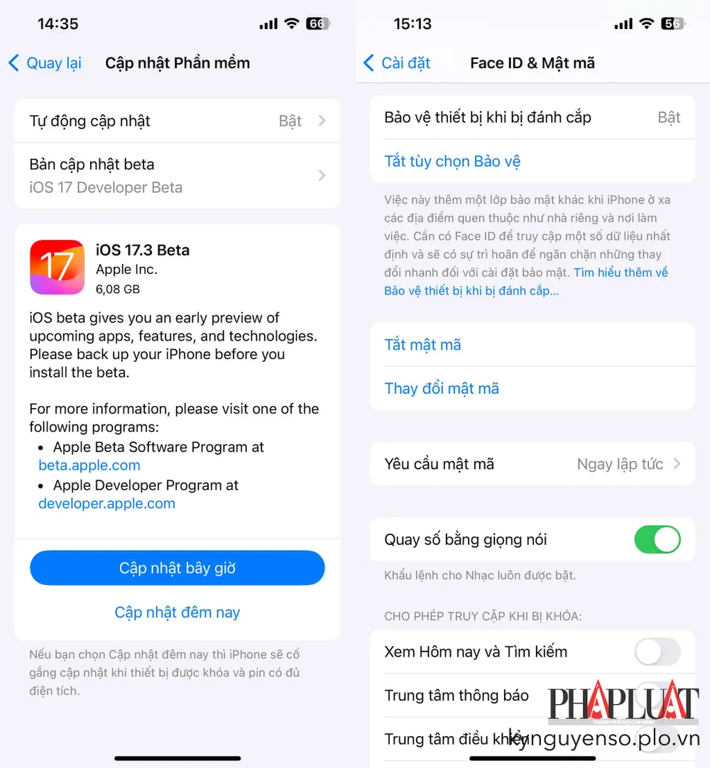 Cập nhật iOS 17.3 beta và kích hoạt tính năng Stolen Device Protection (bảo vệ thiết bị khi bị đánh cắp). Ảnh: MINH HOÀNG Cập nhật iOS 17.3 beta và kích hoạt tính năng Stolen Device Protection (bảo vệ thiết bị khi bị đánh cắp). Ảnh: MINH HOÀNG