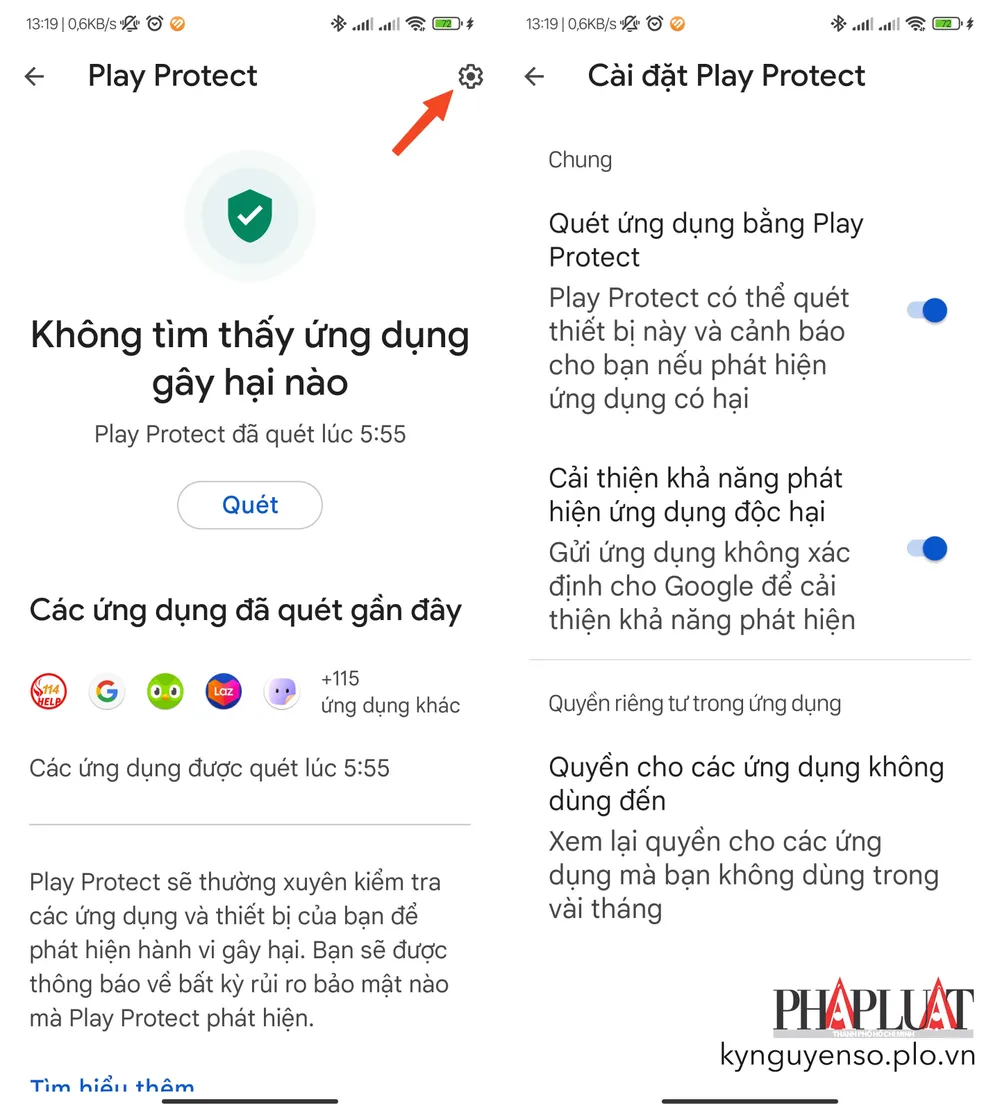 Bật tính năng Google Play Protect để quét các ứng dụng độc hại trên điện thoại Android. Ảnh: MINH HOÀNG Bật tính năng Google Play Protect để quét các ứng dụng độc hại trên điện thoại Android. Ảnh: MINH HOÀNG