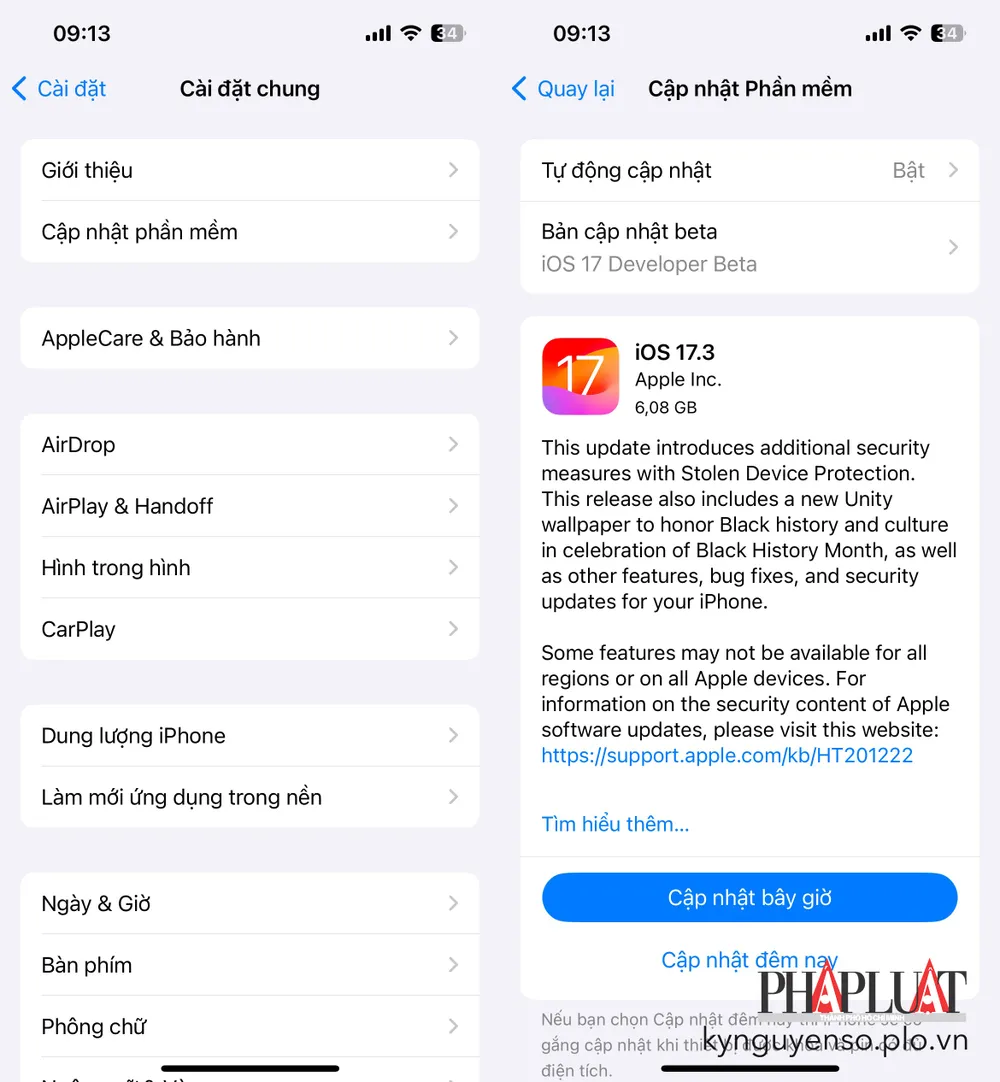 Cách cập nhật iOS 17.3 để hạn chế mất cắp iPhone. Ảnh: TIỂU MINH Cách cập nhật iOS 17.3 để hạn chế mất cắp iPhone. Ảnh: TIỂU MINH