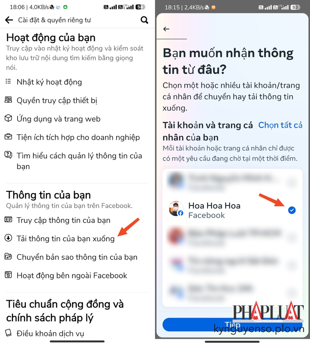 Chọn tài khoản Facebook cần tải xuống dữ liệu. Ảnh: MINH HOÀNG