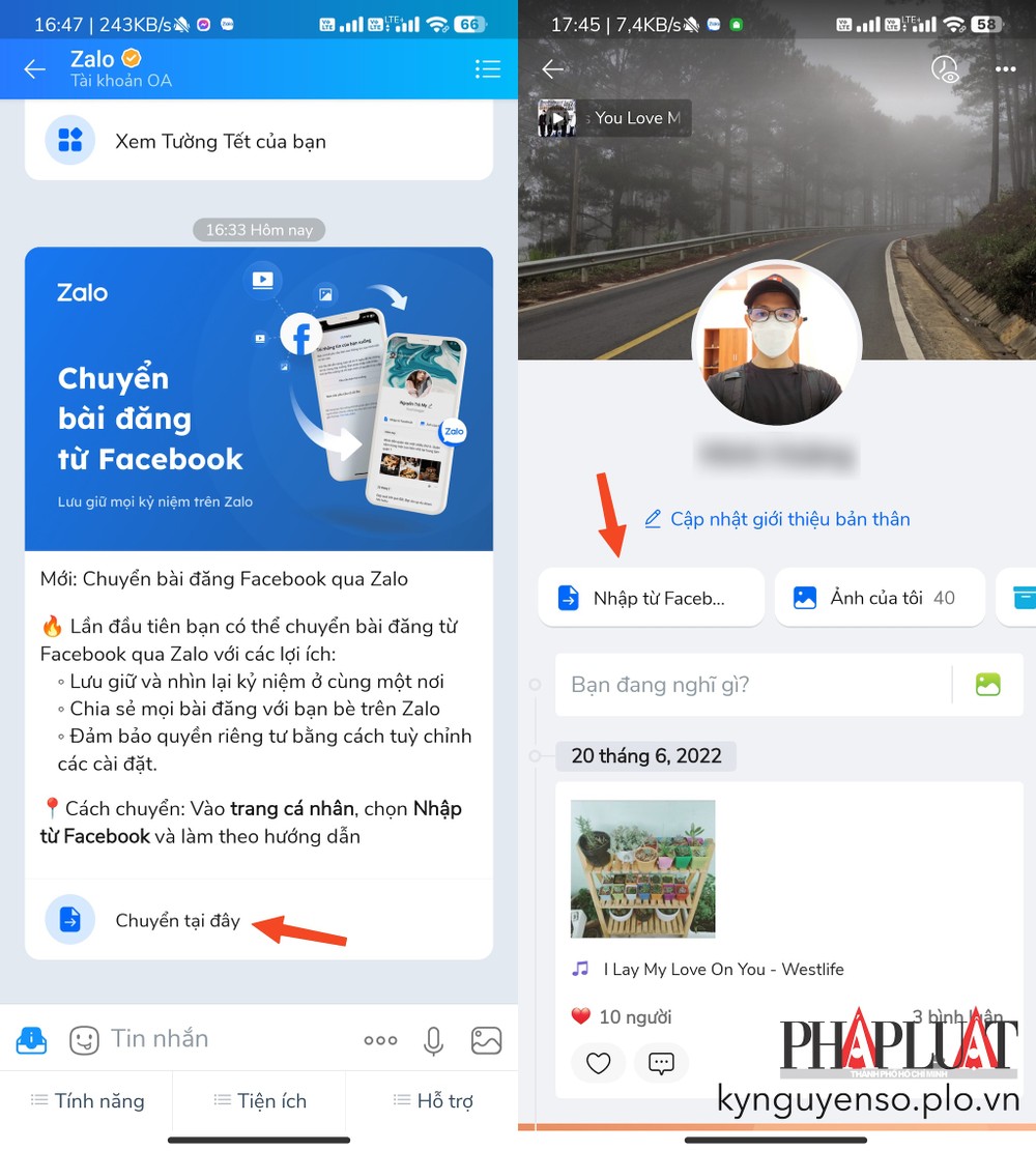 Tính năng mới cho phép người dùng chuyển bài đăng Facebook sang Zalo. Ảnh: MINH HOÀNG