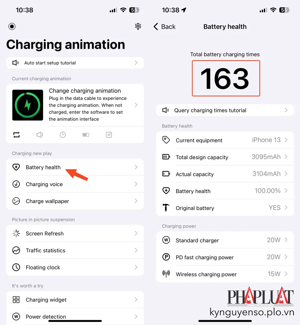 Kiểm tra chu kỳ sạc của iPhone bằng ứng dụng charging play. Ảnh: MINH HOÀNG Kiểm tra chu kỳ sạc của iPhone bằng ứng dụng charging play. Ảnh: MINH HOÀNG