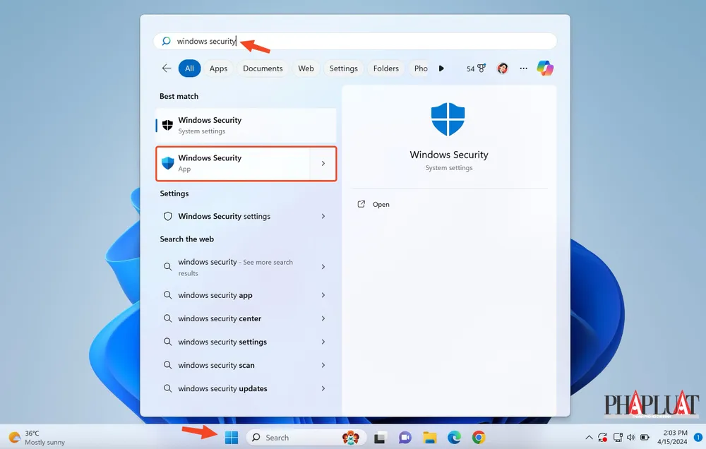 Mở ứng dụng Windows Security trên Windows. Ảnh: TIỂU MINH Mở ứng dụng Windows Security trên Windows. Ảnh: TIỂU MINH