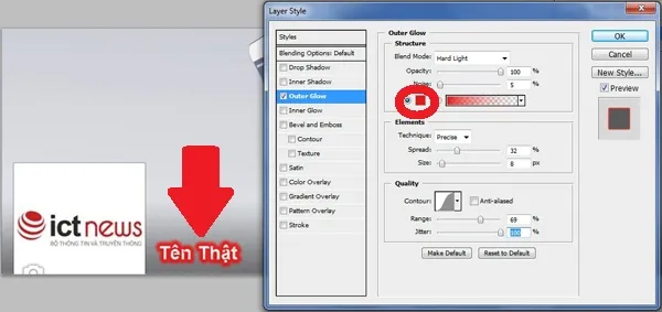 Làm tên Facebook phát sáng: Facebook sẽ đưa ra bảng Layer Style cho bạn điều chỉnh, tô vẽ cái tên của mình. Bảng chọn màu phát sáng được khoanh đỏ. Bạn có thể vừa điều chỉnh thử các thông số vừa quan sát hiệu ứng áp dụng trong ảnh (mũi tên). 4,5-Lam-ten-Facebook-phat-sang-Cach-lam-Facebook-dep.jpg