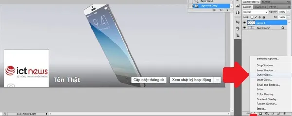 Làm tên Facebook phát sáng: Tìm xuống phía dưới bên phải và chọn nút “Add a layer style” (gạch đỏ) rồi chọn Outer Glow (mũi tên). 3-Lam-ten-Facebook-phat-sang-Cach-lam-Facebook-dep.jpg