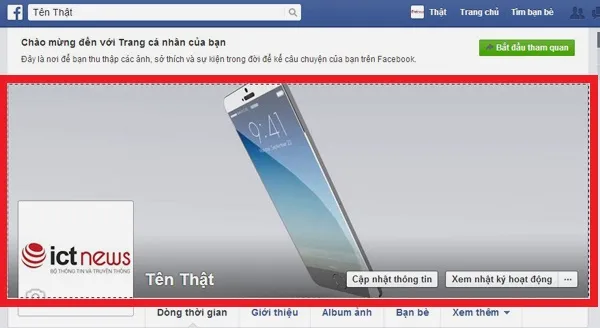 Làm tên Facebook phát sáng: Từ bức ảnh chụp màn hình giao diện trang Facebook cá nhân, hãy dùng một công cụ chỉnh sửa ảnh đơn giản, ví dụ như Paint, để cắt (Crop) đúng khung hình của ảnh bìa như trong hình. 1-Lam-ten-Facebook-phat-sang-Cach-lam-Facebook-dep.jpg