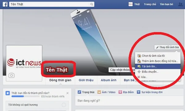 Làm tên Facebook phát sáng: Vào lại Facebook của bạn và tải lên tấm ảnh bìa mới mà bạn tạo ra (vùng khoanh tròn). Khi đó xuất hiện thêm một hiệu ứng phát sáng màu sắc xung quanh tên bạn cực kỳ ấn tượng (đóng khung). 5,5-Lam-ten-Facebook-phat-sang-Cach-lam-Facebook-dep.jpg