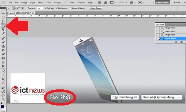 Làm tên Facebook phát sáng: Dùng Photoshop mở file ảnh vừa được cắt gọt ban đầu từ bước 1 lên. Tìm chọn công cụ Magic Wand Tool (mũi tên) rồi giữ Shift và chọn hết các phần màu đồng dạng của cái tên của bạn (khoanh đỏ). 2-Lam-ten-Facebook-phat-sang-Cach-lam-Facebook-dep.jpg