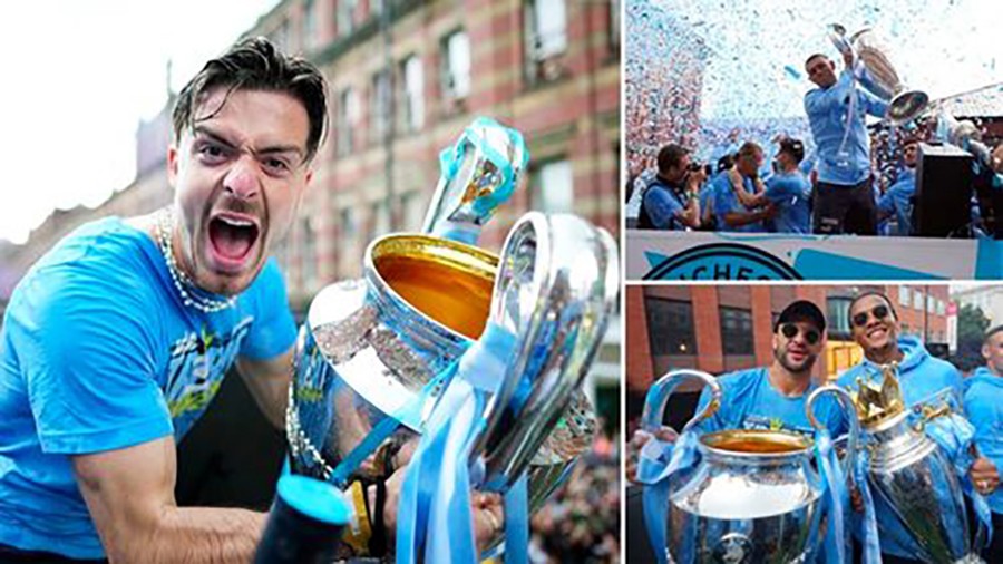 Man City vừa có màn diễu hành tại Manchester ăn mừng cú ăn ba lịch sử. ẢNH: MIRROR