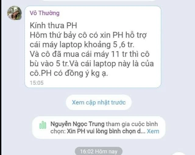 1. Giáo viên xin phụ huynh tiền hỗ trợ mua máy tính cá nhân, sau đó thừa nhận sai.