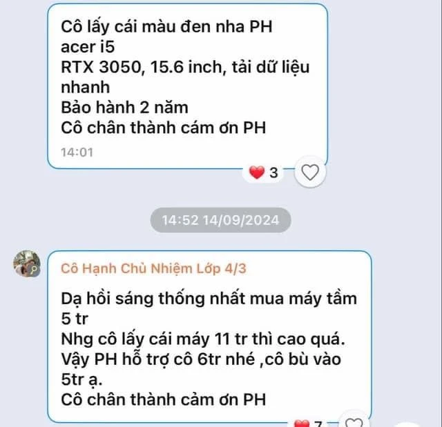 2. Giáo viên xin phụ huynh tiền hỗ trợ mua máy tính cá nhân, sau đó thừa nhận sai.