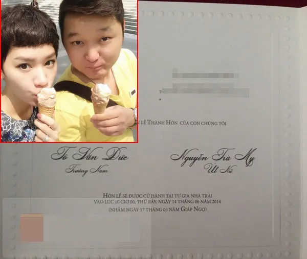 Chú rể của cô tên Văn Đức – thường được gọi là Raymond, anh là ông chủ của chuỗi nhà hàng kaoroke nổi tiếng ở TP. HCM và cũng là một dân chơi có sở thích sưu tập siêu xe. Cách đây không lâu thiệp cưới của đôi trẻ được tung lên mạng. 