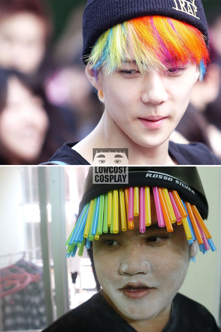 Ngôi sao Hàn Quốc Sehun chắc hẳn phải phì cười khi mái tóc cầu vồng của mình được thay bằng loạt ống hút đa màu sắc.