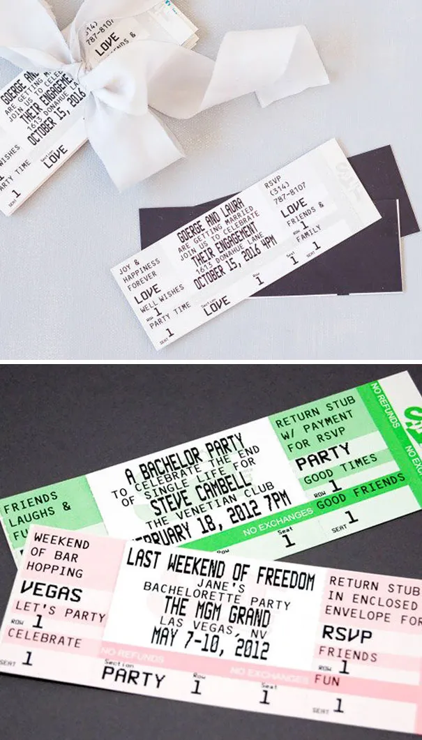 Hay một chiếc vé xem phim có ngày tháng và địa điểm tổ chức hôn lễ.