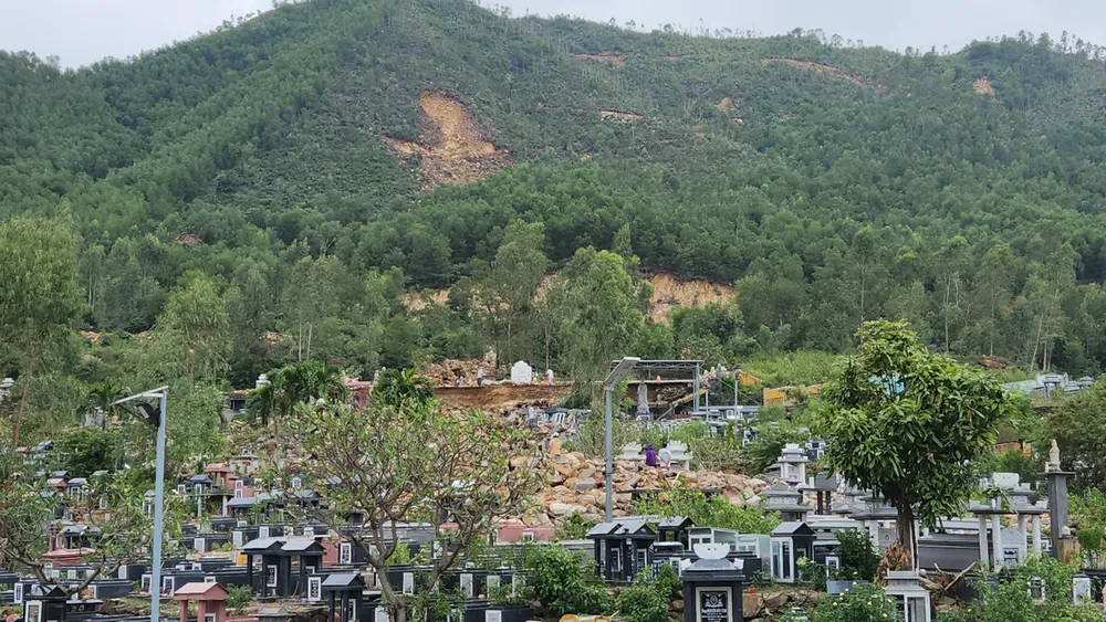 Sạt lở nghiêm trọng trên rừng keo ở nghĩa trang Hòa Sơn. Ảnh: TẤN VIỆT
