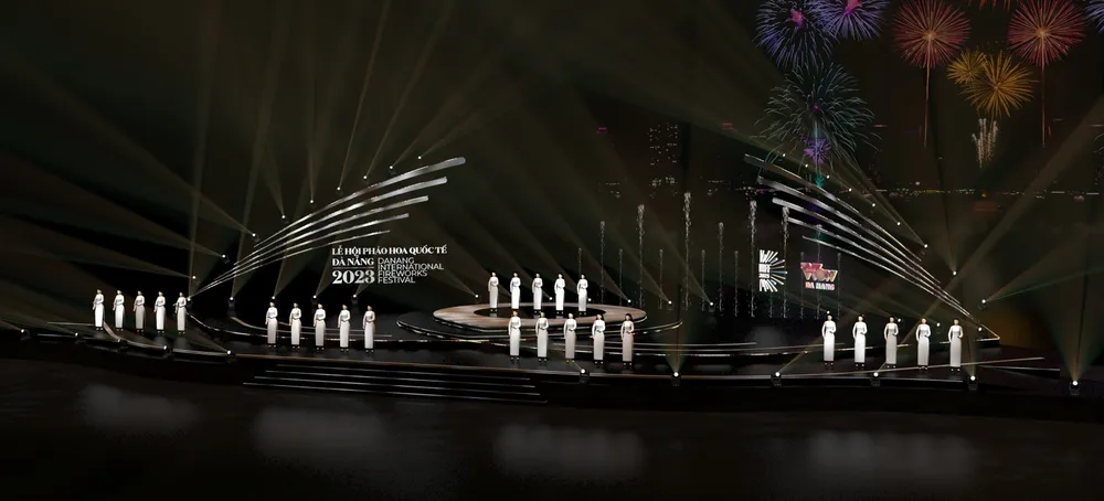 Cụm mỹ thuật sân khấu là ý tưởng thiết kế độc đáo, mô tả những vệt pháo hoa rực sáng trên bầu trời, cũng là biểu trưng cho năm dòng kẻ trên khuông nhạc. Ảnh: SG Cụm mỹ thuật sân khấu là ý tưởng thiết kế độc đáo, mô tả những vệt pháo hoa rực sáng trên bầu trời, cũng là biểu trưng cho năm dòng kẻ trên khuông nhạc. Ảnh: SG