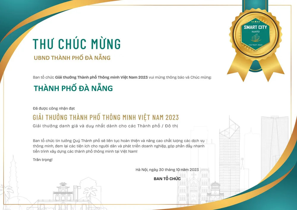 Thư chúc mừng TP Đà Nẵng của Ban tổ chức Giải thưởng “Thành phố thông minh Việt Nam 2023”. Ảnh: BTC đà nẵng giải thưởng thành phố thông minh