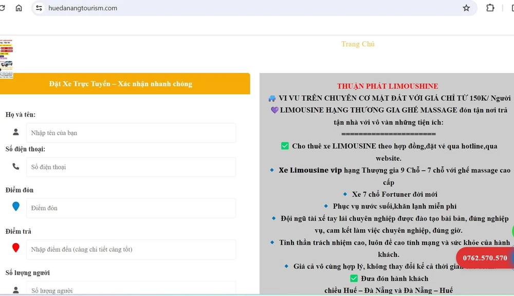 Trang web quảng cáo xe chở khách trái quy định. Ảnh chụp màn hình xe chở khách trái quy định đà nẵng