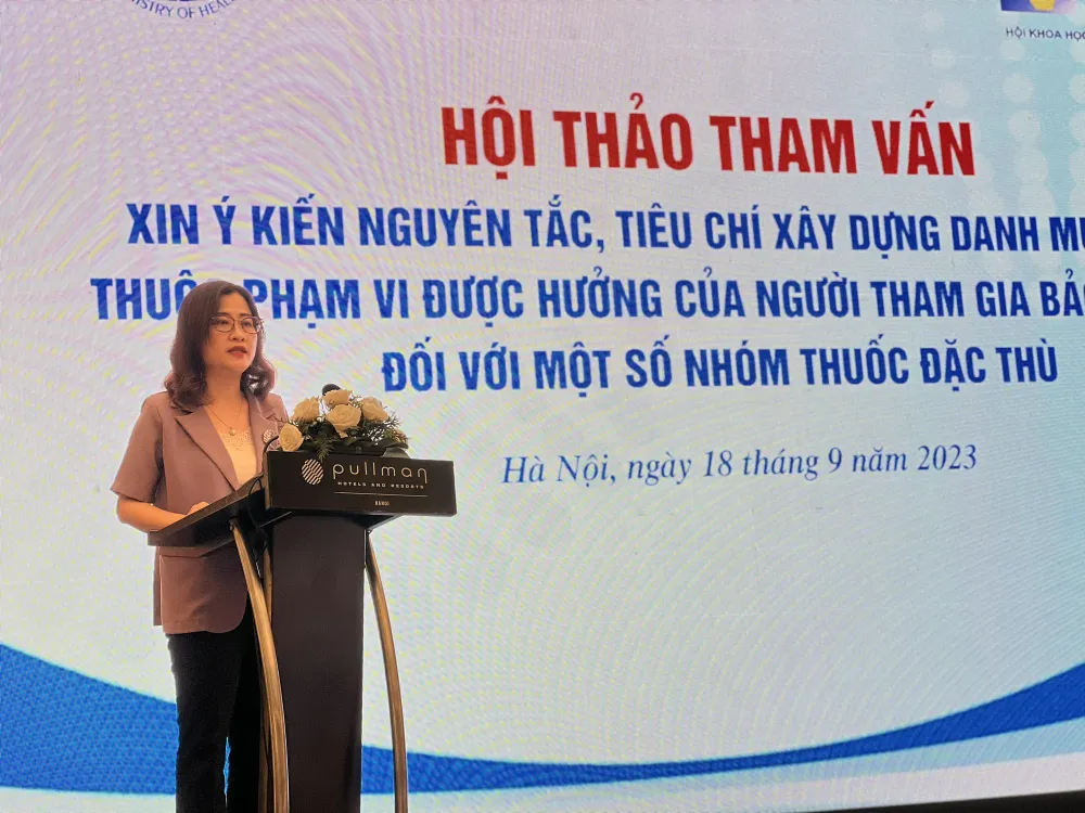 ThS Trần Thị Trang, Quyền Vụ trưởng Vụ BHYT, phát biểu tại hội thảo. Ảnh: Thái Bình thuoc-hiem-bhyt-chi-tra.jpg