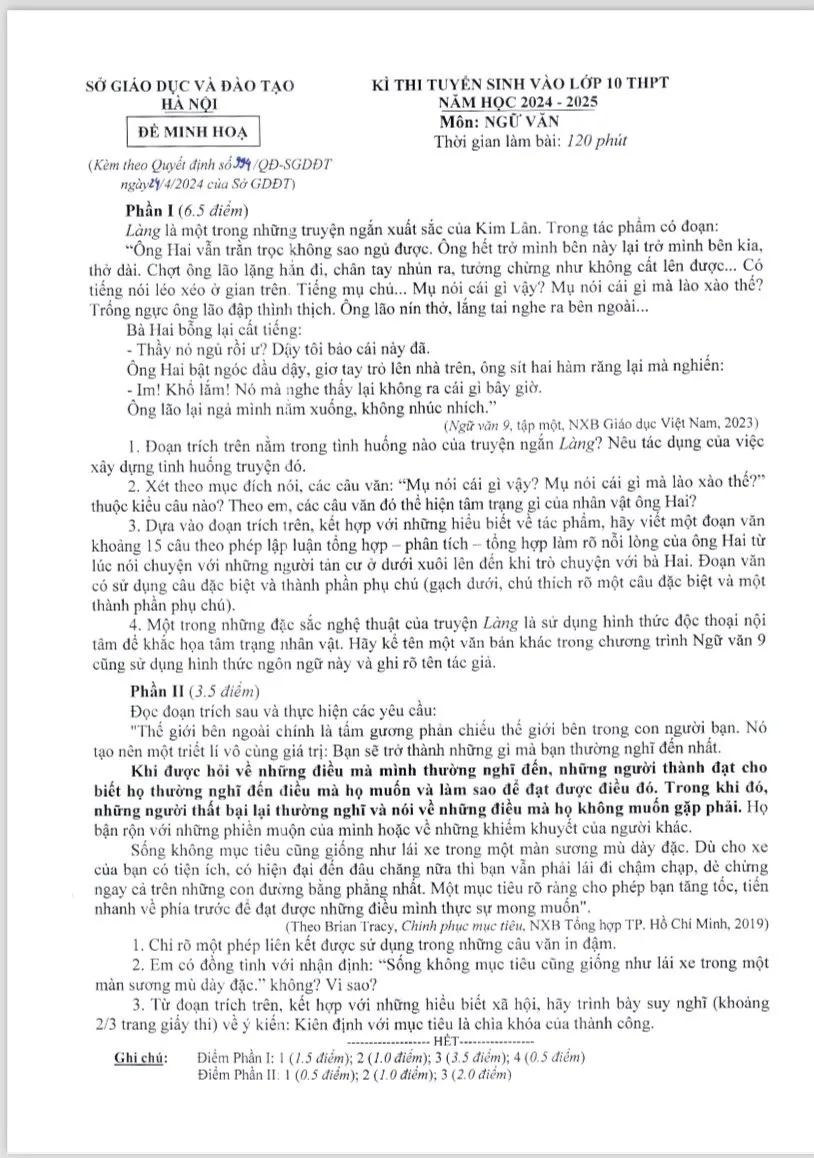 kỳ thi vào lớp 10 Hà Nội đề minh họa môn văn.jpg