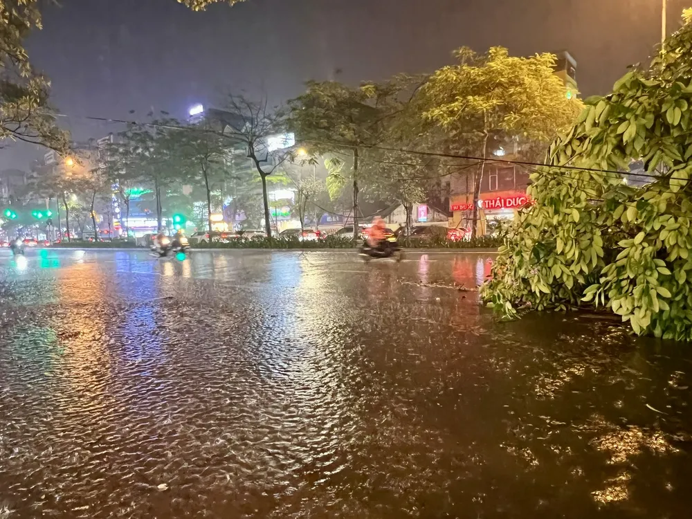 Trận mưa lớn kéo dài gần 2 tiếng khiến nhiều tuyến phố ở Hà Nội ngập cục bộ. Ảnh: TT cây bằng lăng bật gốc 7.jpg