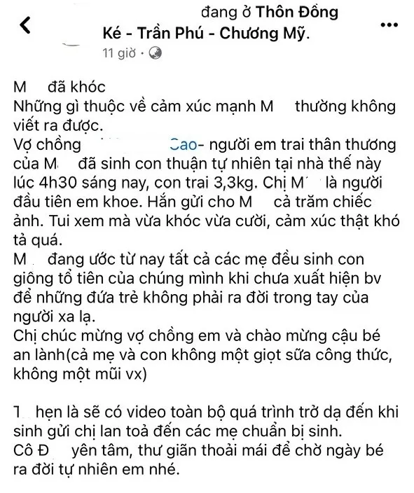 Nội dung bài đăng được chia sẻ nhiều trên mạng xã hội. Ảnh chụp màn hình sinh con thuận tự nhiên 0.jpg