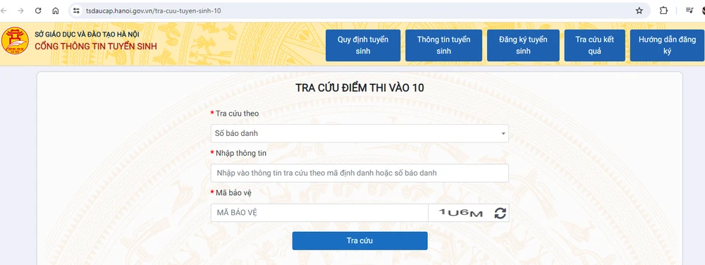Thí sinh truy cập vào trang website của Sở GD&ĐT để tra cứu điểm thi lớp 10 Hà Nội. Ảnh chụp màn hình điểm thi lớp 10 hà nội (2).png