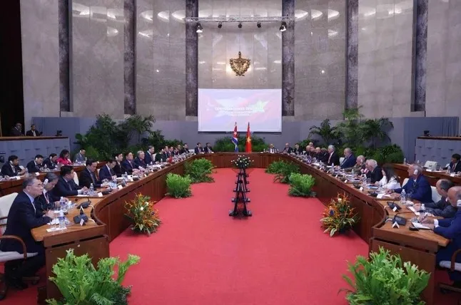 Tổng Bí thư, Chủ tịch nước Tô Lâm hội đàm với Bí thư thứ nhất Đảng Cộng sản Cuba, Chủ tịch Cuba Miguel Diaz Canel Bermudez. Ảnh: TTXVN Toàn văn Tuyên bố chung Việt Nam-Cuba