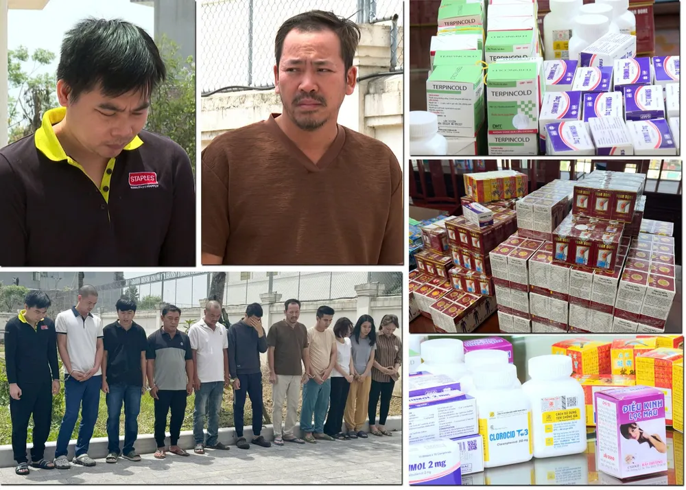 Các đối tượng trong đường dây sản xuất, buôn bán thuốc giả cùng tang vật bị Công an tỉnh Thanh Hoá bắt giữ. phòng chống thuốc giả