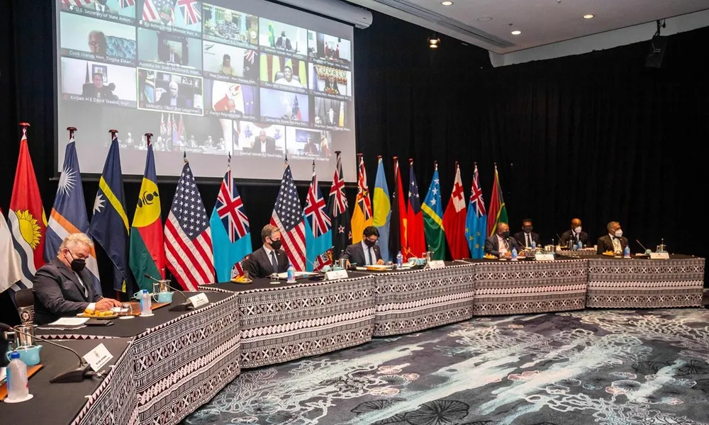 Ngoại trưởng Mỹ Antony Blinken tham gia một hội nghị với các đảo quốc Thái Bình Dương. Ảnh: VCG Ngoại trưởng Mỹ Antony Blinken tham gia một hội nghị với các đảo quốc Thái Bình Dương. Ảnh: VCG