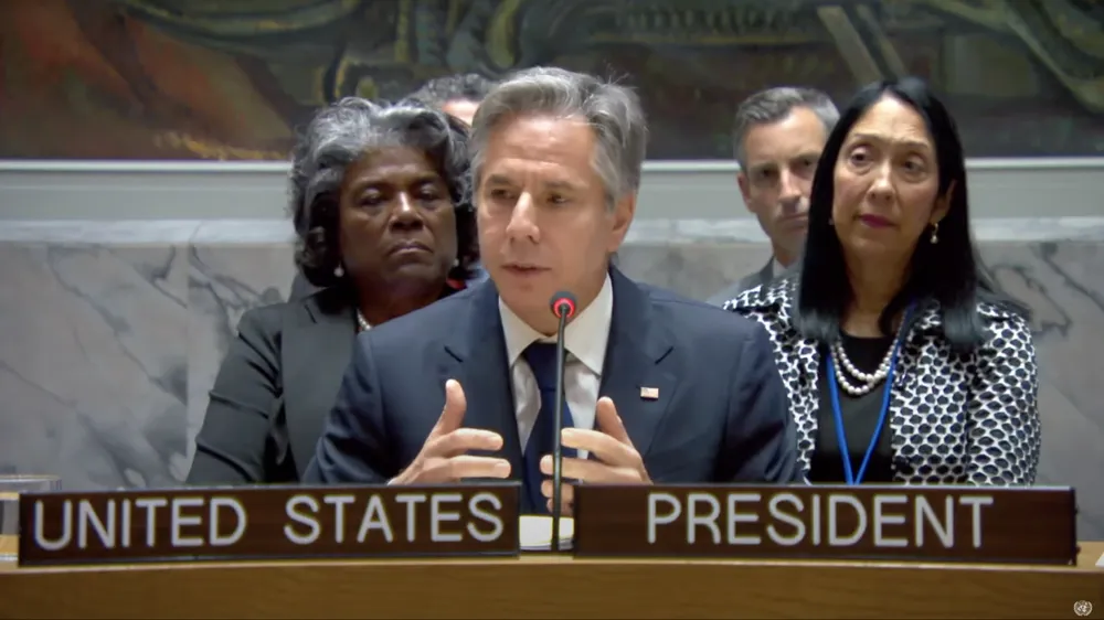 Ngoại trưởng Mỹ Antony Blinken phát biểu trong cuộc họp tại Hội đồng Bảo an LHQ vào ngày 3-8. Ảnh: CHỤP MÀN HÌNH/YOUTUBE Ngoại trưởng Mỹ Antony Blinken phát biểu trong cuộc họp tại Hội đồng Bảo an LHQ vào ngày 3-8. Ảnh: CHỤP MÀN HÌNH/YOUTUBE