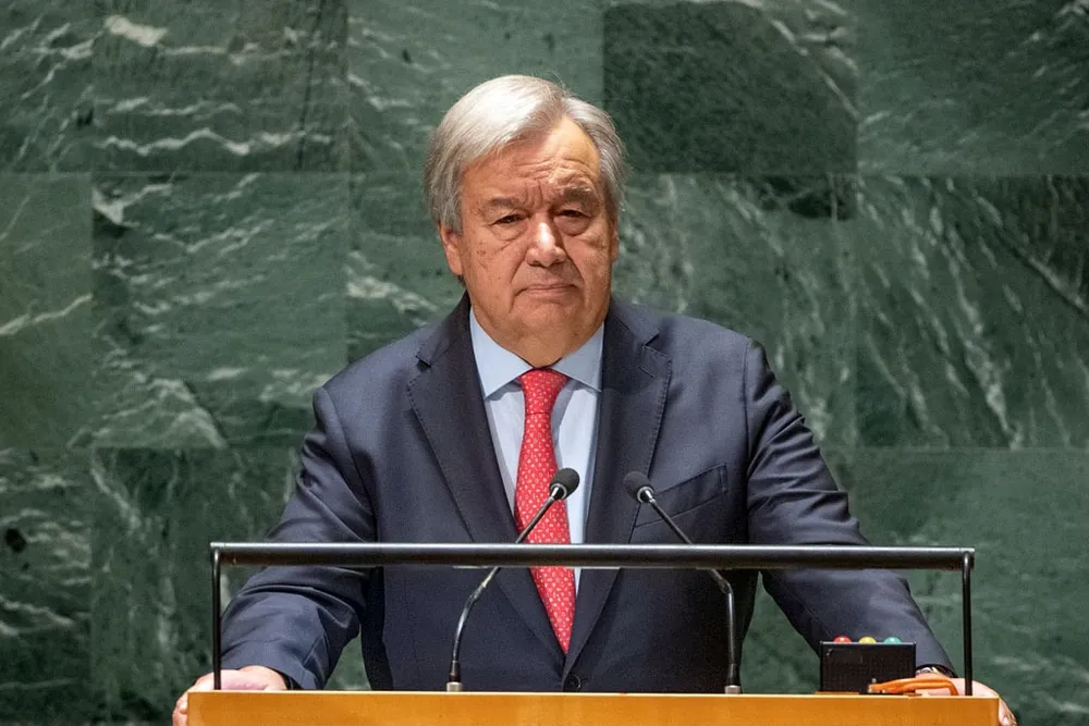 Tổng Thư ký Liên Hợp Quốc Antonio Guterres phát biểu tại kỳ họp thứ 78 của Đại Hội đồng Liên Hợp Quốc ở TP New York (Mỹ) hôm 19-9. Ảnh: LIÊN HỢP QUỐC 19-09-2023-UN-Photo-GA-debate-Gu.jpg