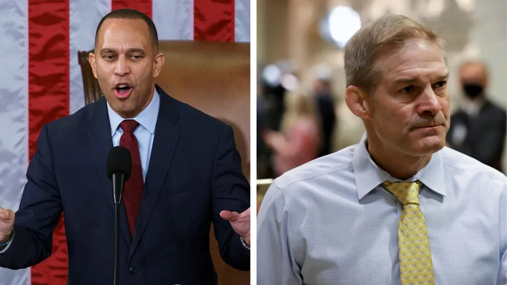 Lãnh đạo đảng Dân chủ tại Hạ viện Hakeem Jeffries (trái) và Hạ nghị sĩ đảng Cộng hòa Jim Jordan. Ảnh: THE HILL/REUTERS Hạ viện Mỹ.png