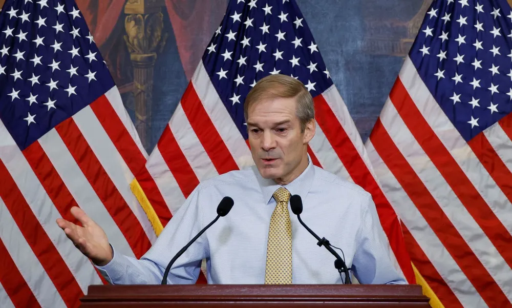 Hạ nghị sĩ Cộng hòa Jim Jordan phát biểu trong cuộc họp báo hôm 20-10. Ảnh: REUTERS Hạ viện Mỹ.jpeg