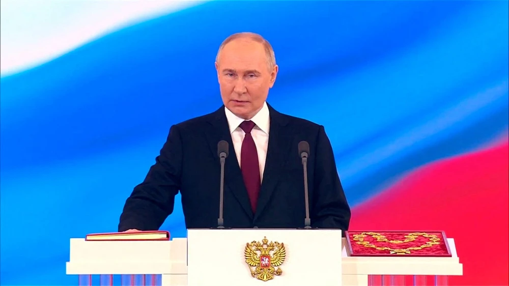Tổng thống Nga Vladimir Putin trong buổi lễ nhậm chức tổng thống Nga lần thứ 5, hôm 7-5. Ảnh: ĐIỆN KREMLIN lễ nhậm chức tổng thống của ông Putin