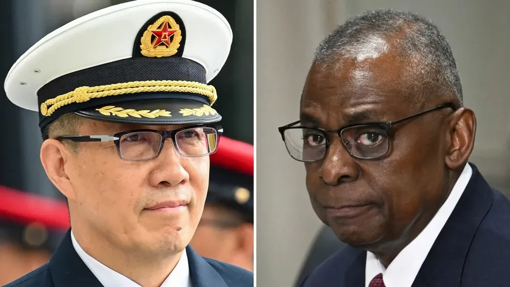 Bộ trưởng Quốc phòng Trung Quốc Đổng Quân (trái) và Bộ trưởng Quốc phòng Mỹ Lloyd Austin. Ảnh: GETTY IMAGES Cạnh tranh Mỹ-Trung nhìn từ Đối thoại Shangri-La - Bài 1: Tăng nguy cơ tính toán sai lầm