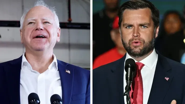 Thống đốc bang Minnesota Tim Walz (trái) - phó tướng của bà Harris và Thượng nghị sĩ J.D. Vance - phó tướng của ông Trump. Ảnh: GETTY IMAGES Phó tướng của bà Harris chọn ngày tranh luận.jpg