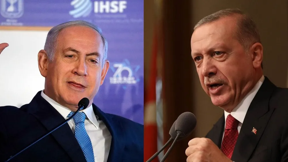 Thủ tướng Israel Benjamin Netanyahu (trái) và Tổng thống Thổ Nhĩ Kỳ Recep Tayyip Erdogan. Ảnh: CGTN Thổ Nhĩ Kỳ - Israel .jpg