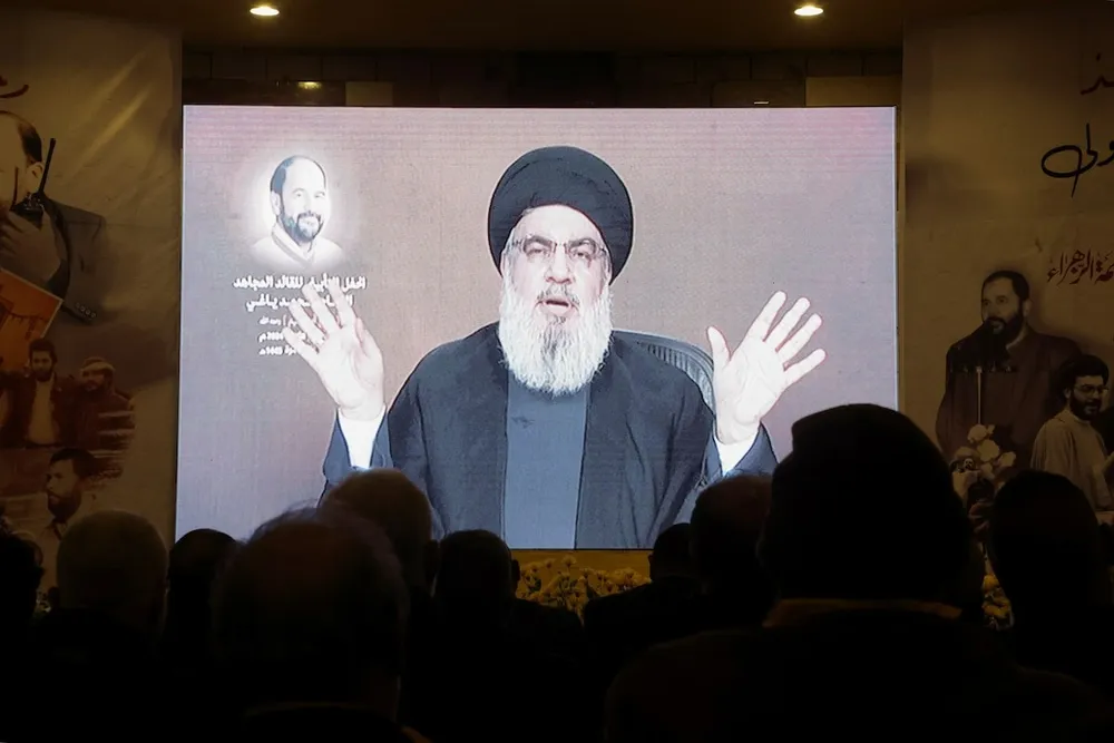 Lãnh đạo lực lượng vũ trang Hezbollah Hassan Nasrallah phát biểu trên sóng truyền hình hồi tháng 1. Ảnh: REUTERS Lãnh đạo Hezbollah