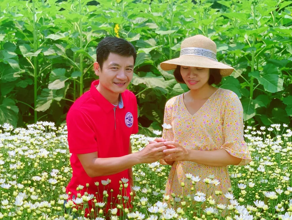 Thạc sĩ Triệu Thy Hòa và chồng tại vườn cúc họa mi trái mùa của gia đình. Ảnh: NVCC