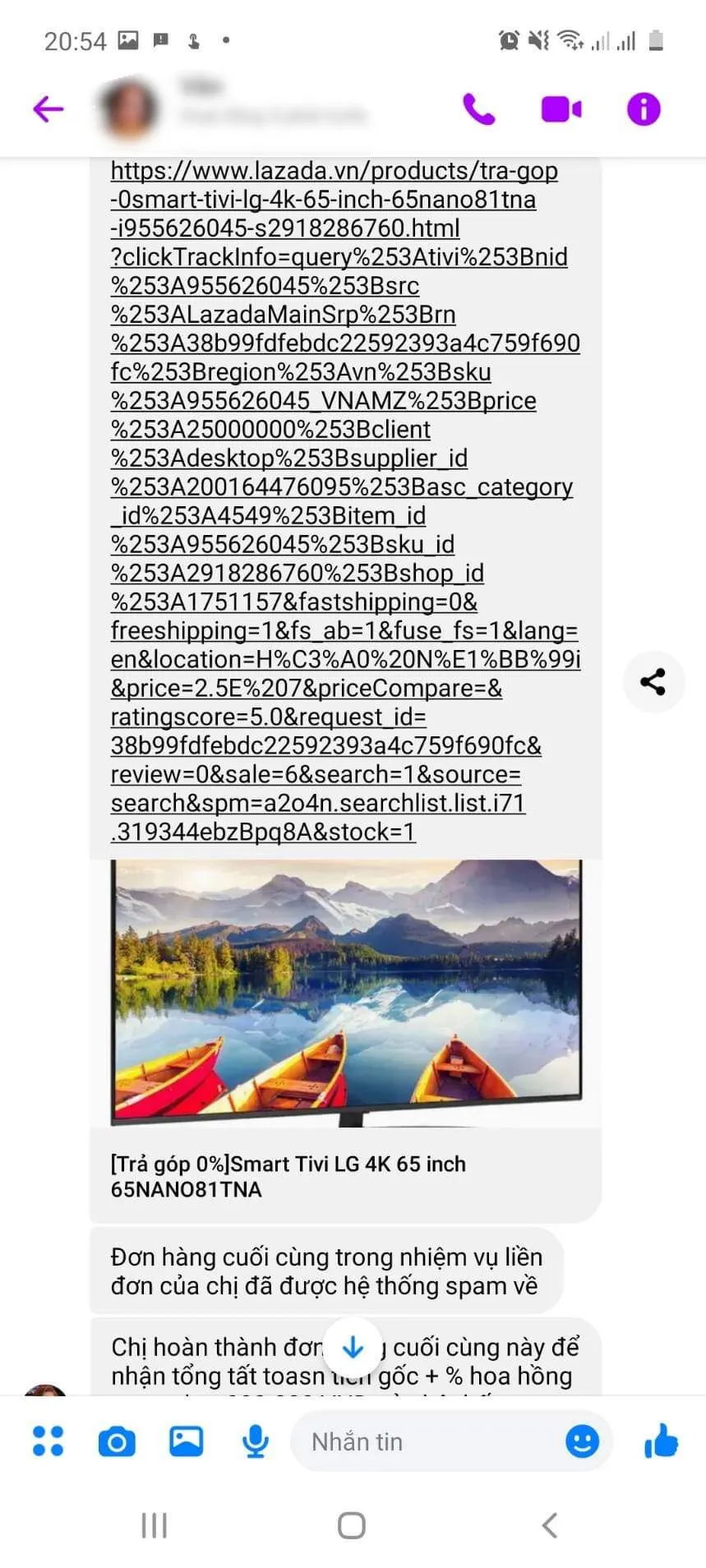 Tin nhắn gửi link lừa đảo cho chị N. Ảnh: NVCC