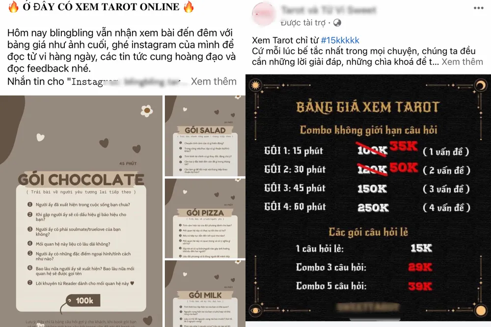 Các bảng giá xem bài Tarot được đăng công khai. Ảnh: MXH