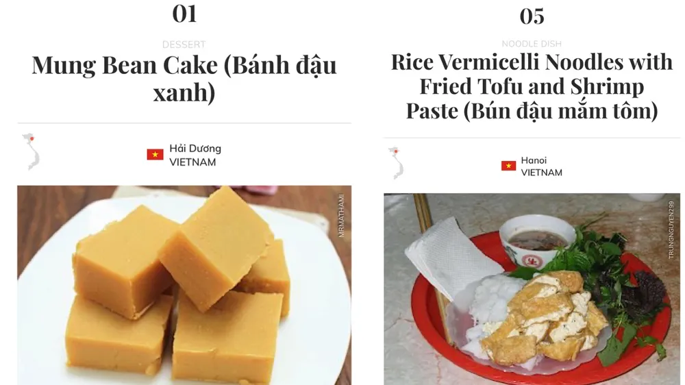 Bánh đậu xanh được xếp hạng 1 và bún đậu mắm tôm xếp hạng 5 trong top 45 món ăn Việt dở nhất. Ảnh chụp màn hình top 45 món ăn Việt